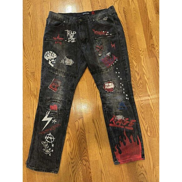 Makobi Men's Black Jeans 38 x 32 96281 Trap or Die - Picture 2 of 11